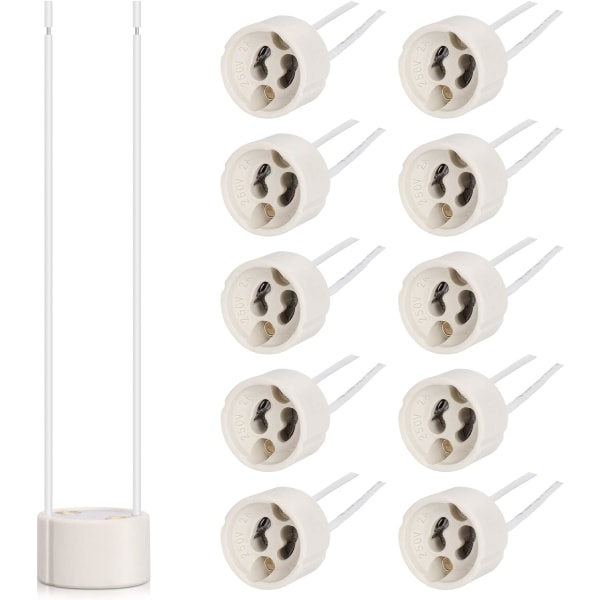 GU10 baslampsockel, 600℃ värmebeständig, max 250V 300W, keramisk sockel och 15 cm silikontrådskontakt, 10-pack