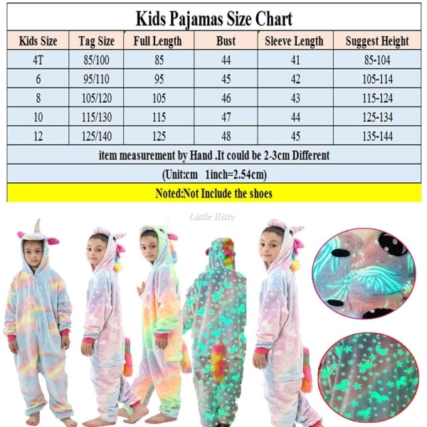 Teens Girls Unicorn Pyjamas 4 6 8 10 12 Years Kids Kigurumi Pyjamas Glow in the Dark Unicorn Onesie Kigurumi Kids LA73 12T Height 135-144cm