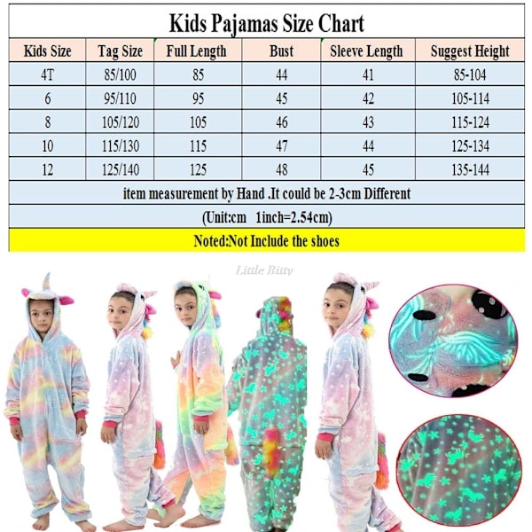 Teens Girls Unicorn Pyjamas 4 6 8 10 12 Years Kids Kigurumi Pyjamas Glow in the Dark Unicorn Onesie Kigurumi Kids LA73 12T Height 135-144cm