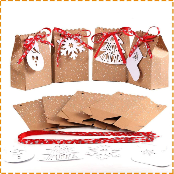 24st julklappspåsar Sortiment Kraftpappersfavoritpåsar med julklappsetiketter för julfesttillbehör, 5 X 3 X 7 tums julgodispåsar