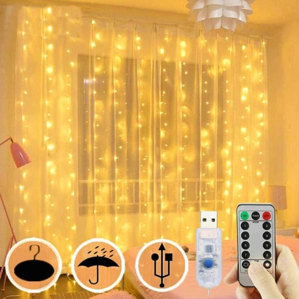 300 LED Gardinlys, USB Vinduslys, 3m x 3m 8 Moduser Fjernkontroll