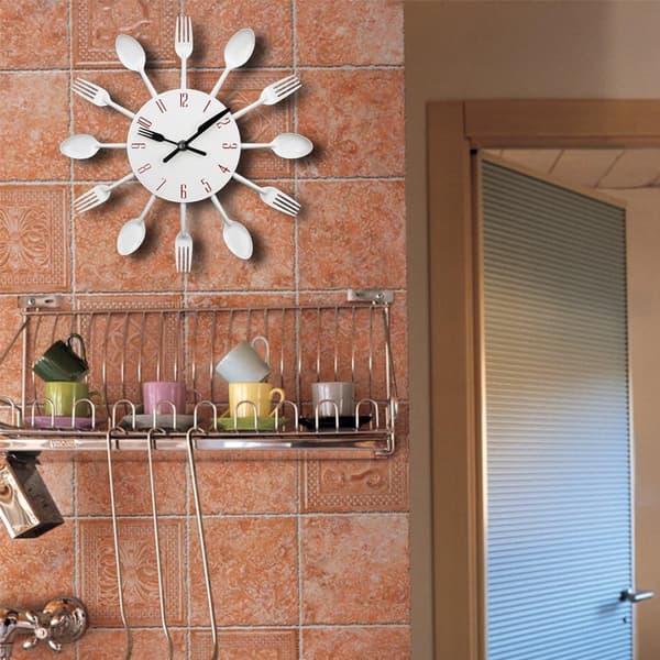 ##/Spejl Effekt Køkkenur med Ske og Gaffel - 32*32*4CM Hvid##/