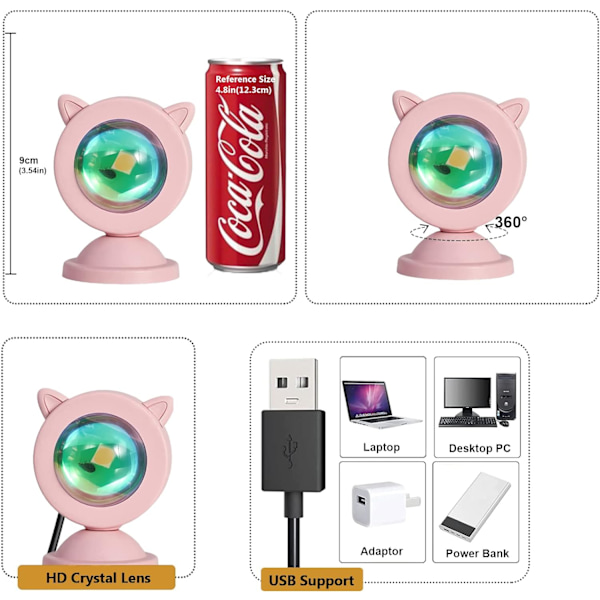 Solnedgångslampa, 10W solnedgångsljusprojektion, 6 färger för heminredning i sovrummet, söt rosa USB LED