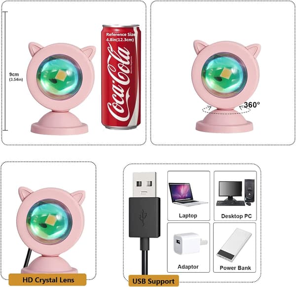 Solnedgangslampe, 10W solnedgangslys projektion, 6 farver til soveværelsesindretning, sød pink USB LED