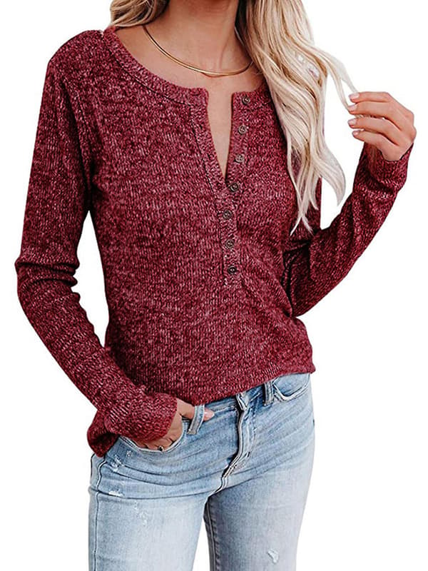 Kvinnor V-ringad Toppar Knapp Henley Skjorta Casual Långärmad Blus Pullover Wine Red XXL