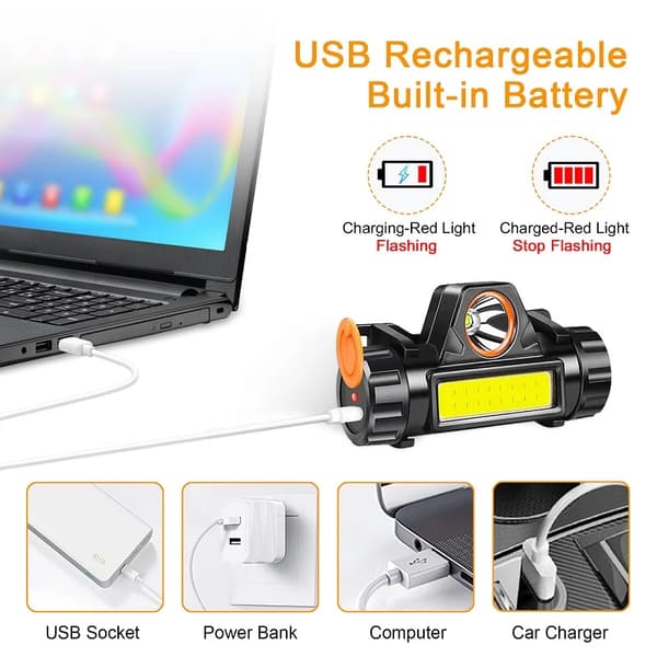2 sett Kraftig innebygd 18650 batterilykt Q5+COB LED Hodelykt