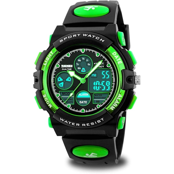 Digital watch för barn, vattentät watch för pojkar och flickor, elektronisk analog watch med larmstoppur (grön)