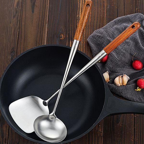 Wokspatel och slevset, 43 cm köksredskap i stål Hot з{ яη л⭐ S1D8 Silver+log colorB Spoon