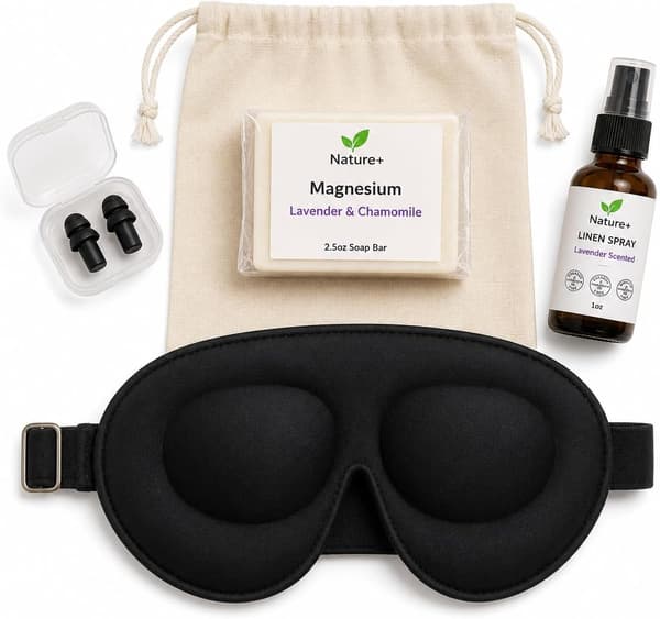 Søvngavesæt til kvinder og mænd – 5-delt søvn-essentials-sæt med 3D-søvnmaske, ørepropper, lavendel-linnedsspray, magnesiumsæbe og bomuldsgavepose | Velvære