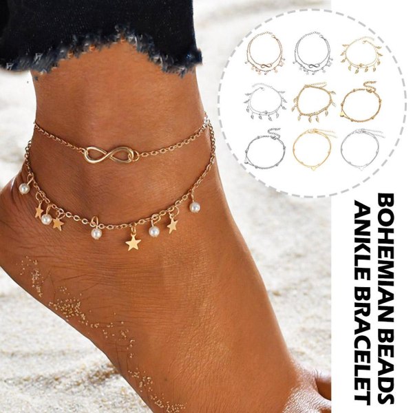 NYTT Löv & Hjärta Anklet Fotkedja Boho Strand Pärlor Silver E One size