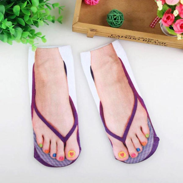 Söta 3D-tryckta strumpor med fotavtryck för kvinnor, Kawaii låga ankelstrumpor för damer, bomullsstrumpor, roliga och kreativa vardagsstrumpor, flip-flop-strumpor B One Size