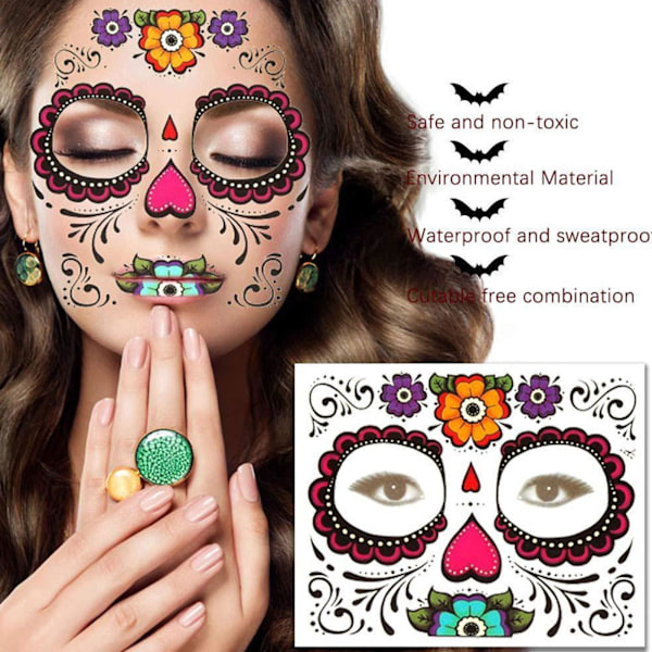 Vattentäta Day Of The Dead Ansiktsmålning Halloween Temporära Tatueringar Klistermärken B2 2  12X15
