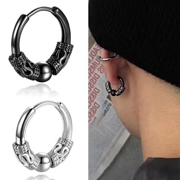 Cool Punk Herr Rostfritt Stål Hip Hop Örhängen Drakmönster UKS B0B5 Silvery A