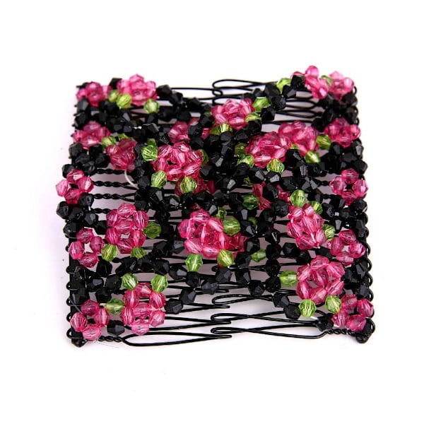 Hårkam Elastiska Pärlstavs Hårspännen med Blomma för Kvinnor Flickor, Hårknut Stretchande Sidoklämmor Enkla Hårkamsmakare, rose Red One size