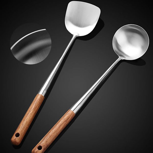 Wokspatel och slevset, 43 cm köksredskap i stål Hot з{ яη л⭐ S1D8 Silver+log colorB Spoon
