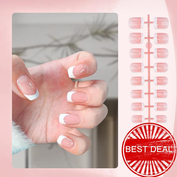 Set Fransk Rosa Fyrkantig Kort Falsk Nagel Press Nagel Fransk Nude På Rosa Nagel Heltäckande F4e2 TD148 24pcs