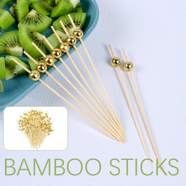 Cocktailpinnar med guldpärla, bambu aptitretare tandpetare J4W0 UK-lager. goldB 25pcs