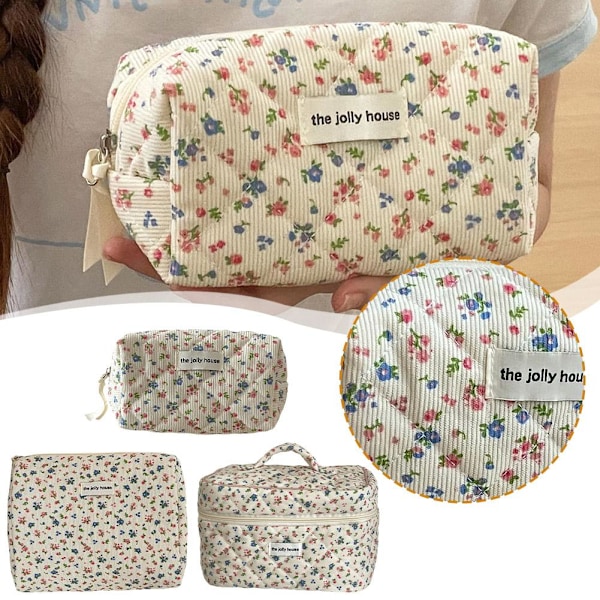 Quiltad Blommig Kosmetikväska Söt Toalettväska Bärbar Quiltad Mjuk  WhiteC Cosmetic bag