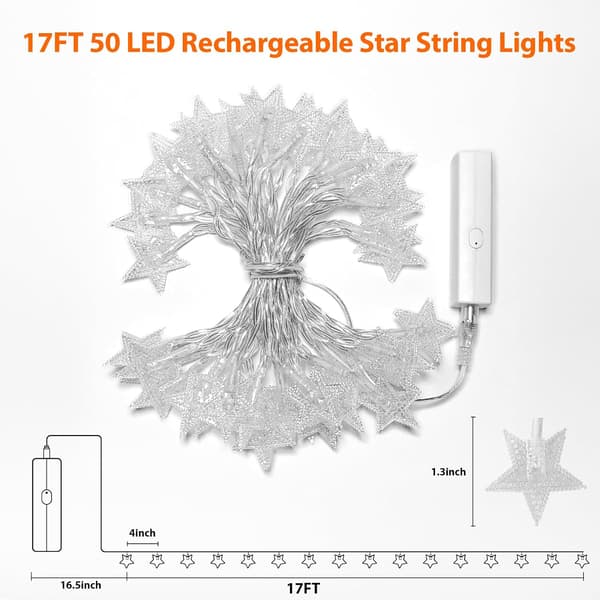 Oppladbare stjernelys, 5,2 m 50 LED-stjernefeelys batteridrevet med 8 moduser og timer, blinkende julelys for soveromstelt veranda