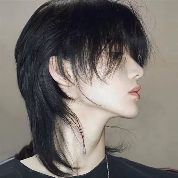 Wolftail Hårfäste Retro Peruk Man Center Bangs Full Wigs w F7P8 х black 1pcs