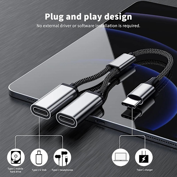 USB C till USB C Hon-adapter USB Y-splitterkabel, USB C hane till 1 to 2 one-size