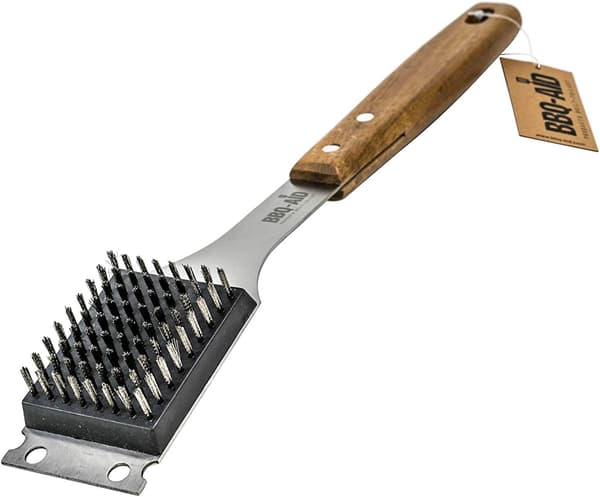 Grillbørste og skrape for grill – Grillbørste for utendørsgrill med forlenget, stort trehåndtak og utskiftbart børstehode i rustfritt stål