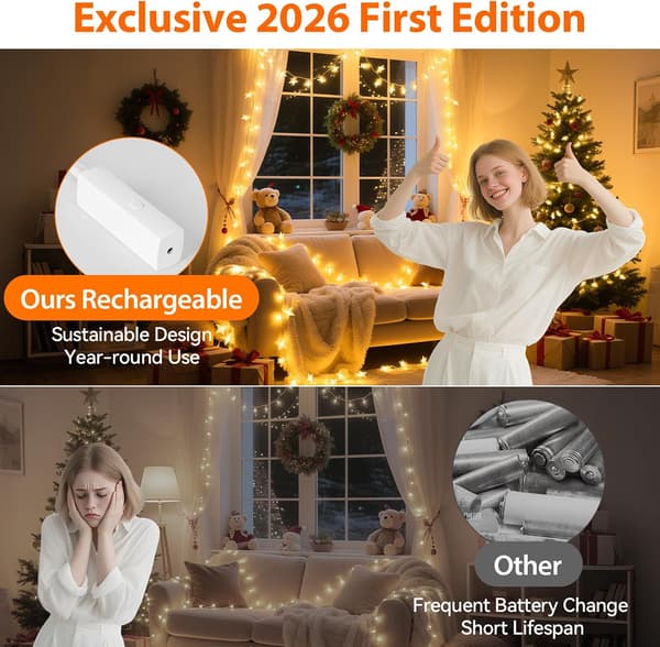 Oppladbare stjernelys, 5,2 m 50 LED-stjernefeelys batteridrevet med 8 moduser og timer, blinkende julelys for soveromstelt veranda