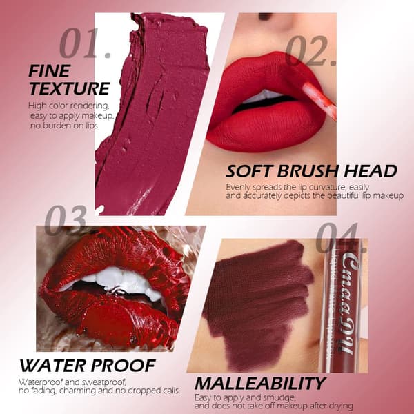 6 stk. flydende mat læbestift Lipgloss sæt til kvinder, mørk dyb lys rubin blod mursten blomme mauve rosenrød labiales matte 24 timer originale matte larga