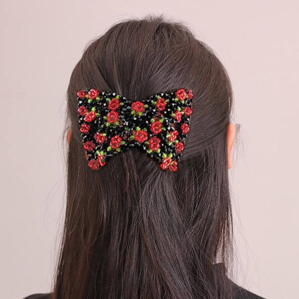 Hårkam Elastiska Pärlstavs Hårspännen med Blomma för Kvinnor Flickor, Hårknut Stretchande Sidoklämmor Enkla Hårkamsmakare, Red One size