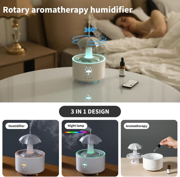 Luftfuktere for soverom, aromaterapi eteriske oljer diffuser | 7 farger pustende LED-lys, roterende paraply regndråper, 12 timer med kontinuerlig tåke