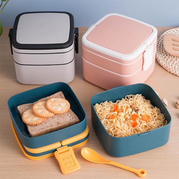 Lunchbox med dubbla lager, bärbar mikrovågsugnslåda, picknicklåda, fruktlåda Blue yellow square 1set