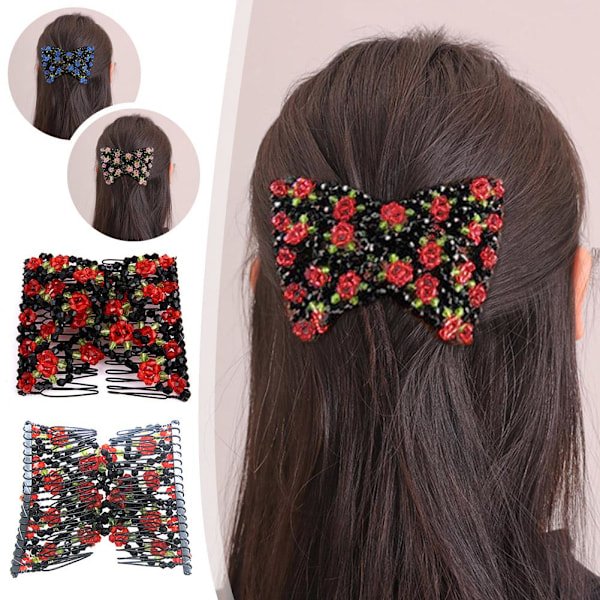 Hårkam Elastiska Pärlstavs Hårspännen med Blomma för Kvinnor Flickor, Hårknut Stretchande Sidoklämmor Enkla Hårkamsmakare, Red One size