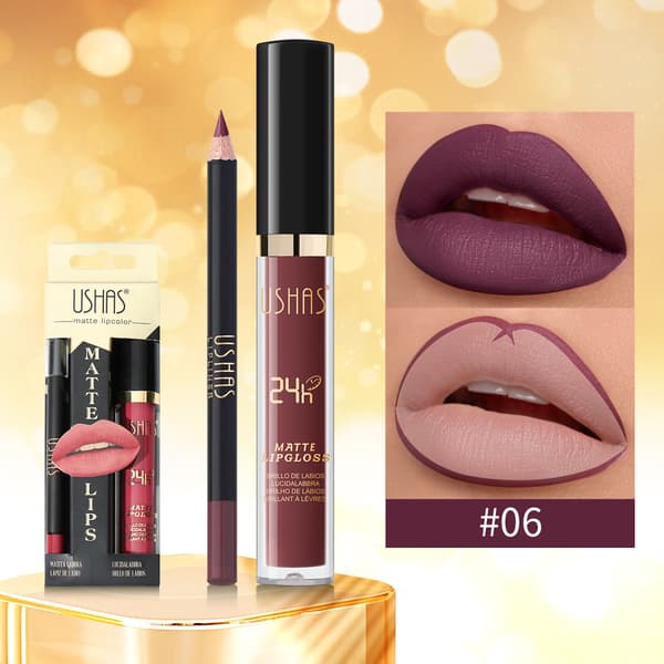 Gold Series Lipgloss + Læbeblyant Sæt, Mat Læbestift & Lipgloss CS386A+B