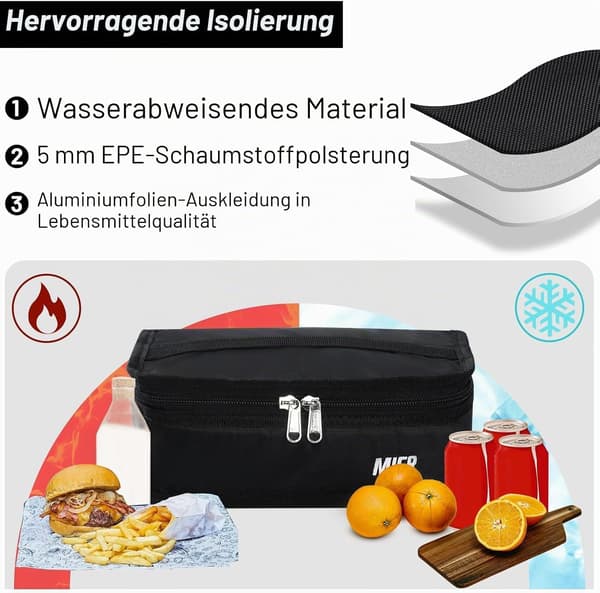 Madkasse, madopbevaringspose, isoleret rejsesæt, unisex, sort.