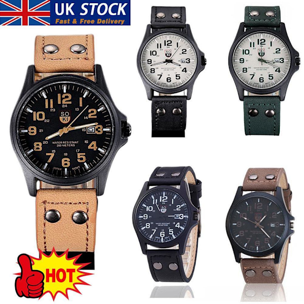 Herrar Militär Läder Datum Kvarts Analog Armé Casual Klänning Wrist khaki D