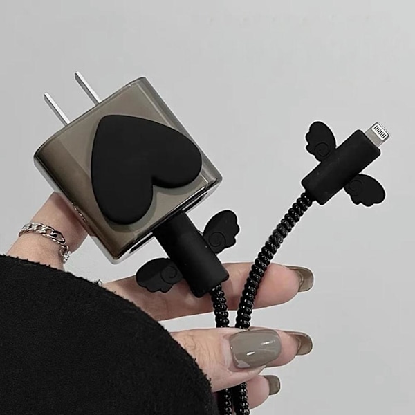 Färgglada Hjärtformade Datakabel Laddare Skyddande Hylsa Set Com black 1set