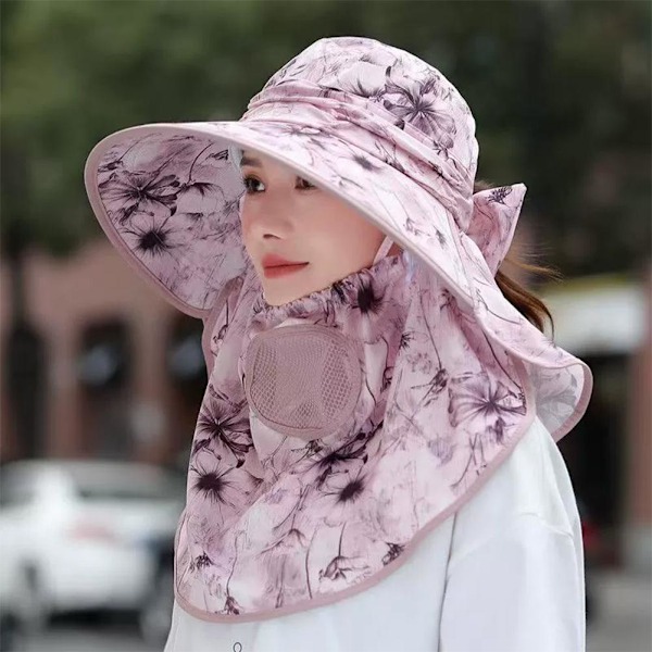 Chiffong Landskap Andningsbar Ansiktssköld Solhatt med Stor Brätte Beige One size
