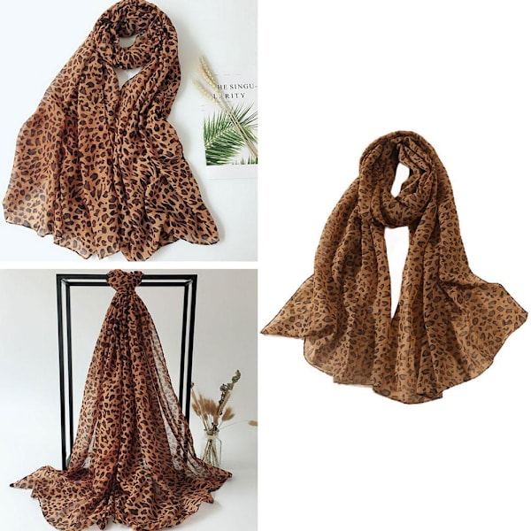 Leopard Chiffon Scarf Strand Halsduk, Djurmönstrat Scarf Mode coffee 50*160cm