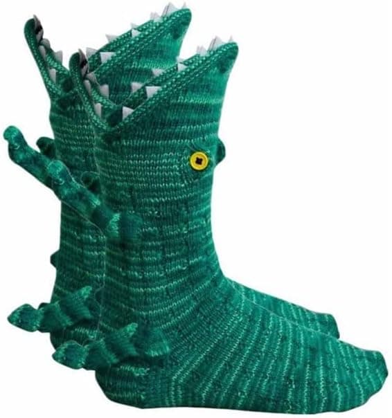 Krokodilstickade strumpor - Vintervarma unisex stickade djurstrumpor (grön)