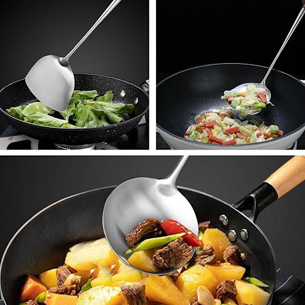Wokspatel och slevset, 43 cm köksredskap i stål Hot з{ яη л⭐ S1D8 Silver+log colorB Spoon