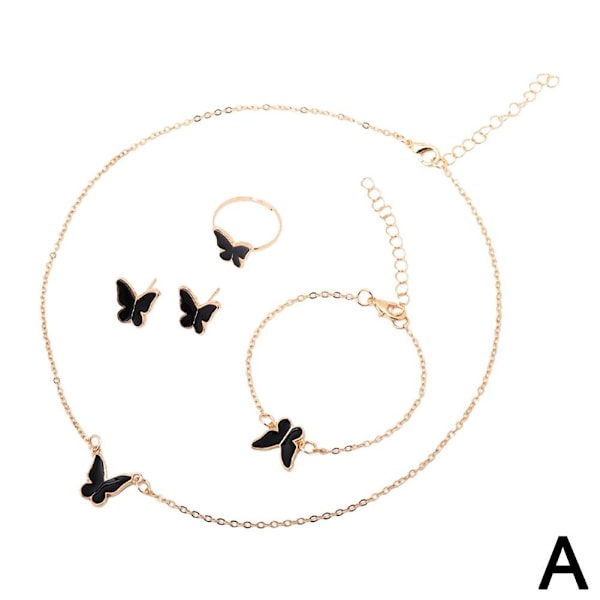 Mode Fjärils Smycken Fyra-Delar Set Ring Örhänge Halsband Black One size