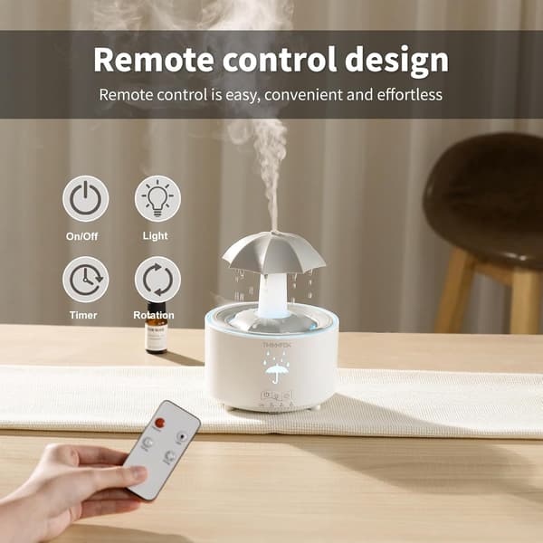 Luftfuktere for soverom, aromaterapi eteriske oljer diffuser | 7 farger pustende LED-lys, roterende paraply regndråper, 12 timer med kontinuerlig tåke