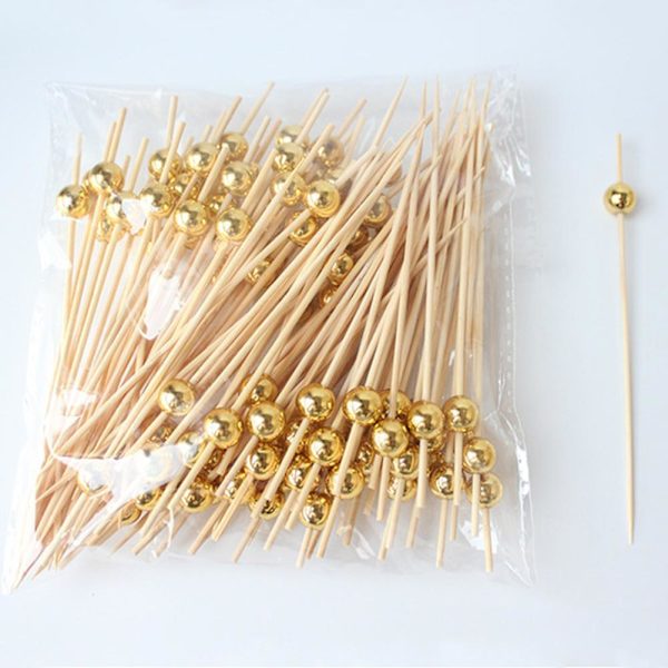 Cocktailpinnar med guldpärla, bambu aptitretare tandpetare J4W0 UK-lager. goldA 100pcs