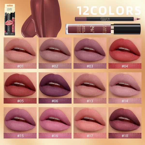 Gold Series Lipgloss + Læbeblyant Sæt, Mat Læbestift & Lipgloss CS386A+B