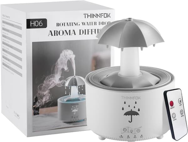 Luftfuktere for soverom, aromaterapi eteriske oljer diffuser | 7 farger pustende LED-lys, roterende paraply regndråper, 12 timer med kontinuerlig tåke