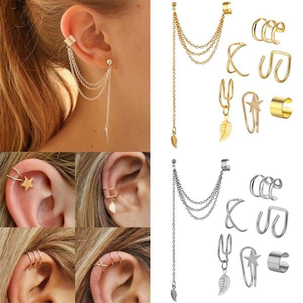 7PCS örhänge manschett set punk rock blad kedja tofs dingla örhänge manschett Wr silver 7 pcs