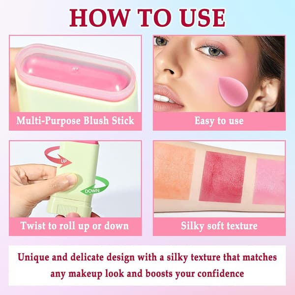 Colors Blush Stick med makeupsvampe, mat solid cremeblush, multifunktionel blush stick til kinder, læber og øjne, højpigmenteret makeupsticksæt A