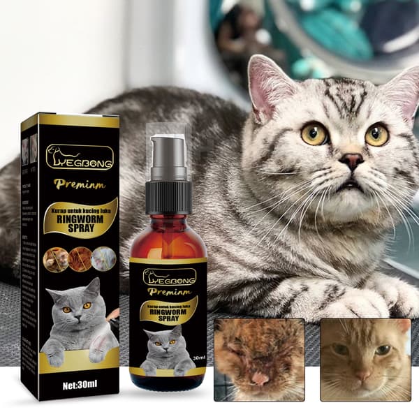 Ringormsspray för katt, tar bort kvalster och behandlar ringorm, extern klådstillande spray för hudvård.