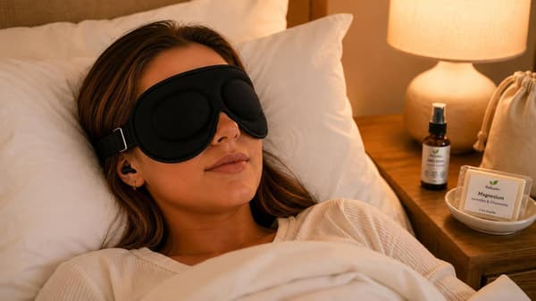 Søvngavesæt til kvinder og mænd – 5-delt søvn-essentials-sæt med 3D-søvnmaske, ørepropper, lavendel-linnedsspray, magnesiumsæbe og bomuldsgavepose | Velvære