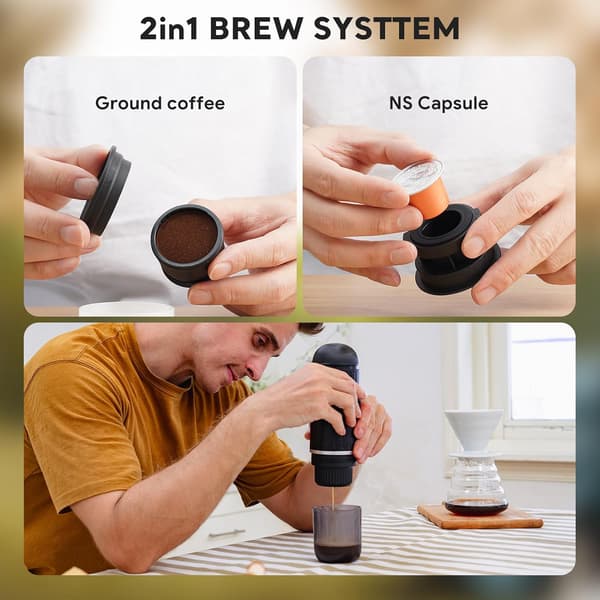 Bärbar elektrisk espressomaskin, 2-i-1 självuppvärmande extraktionssystem, Crema Nespress espressomaskin, stöder malet kaffe och NS-kapsel, ME